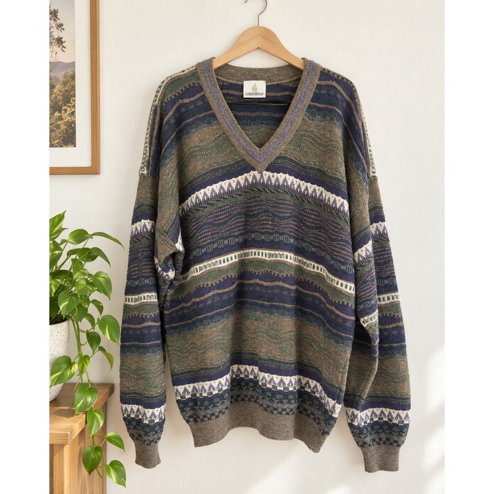 London Fog Mens 2XT V-Neck Knit Sweater Geometric Wave Pattern 3D Grandpa Core